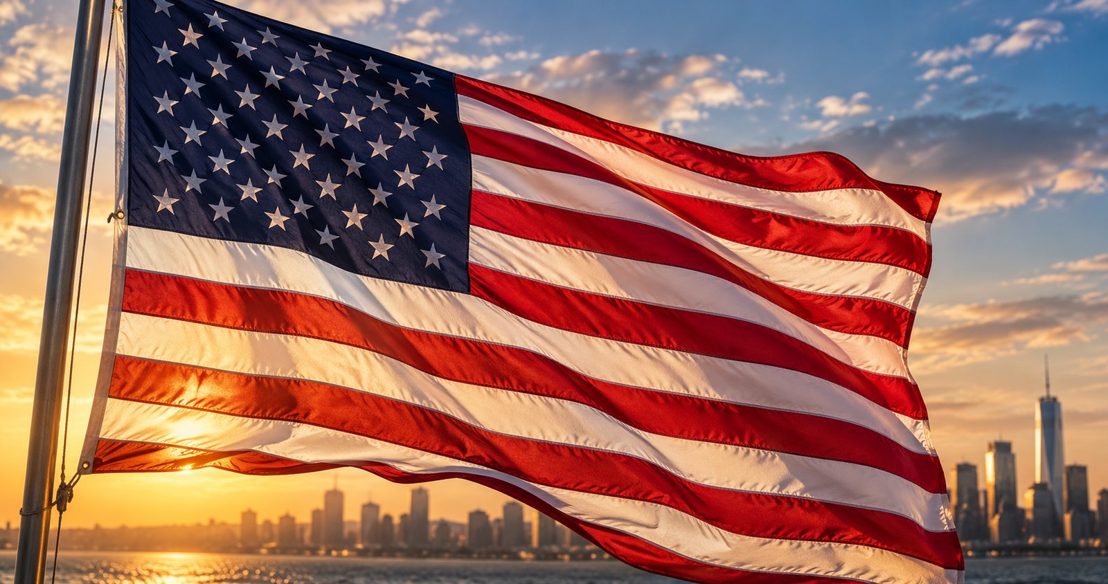 Bandera de Estados Unidos ondeando al atardecer con el skyline de Nueva York de fondo