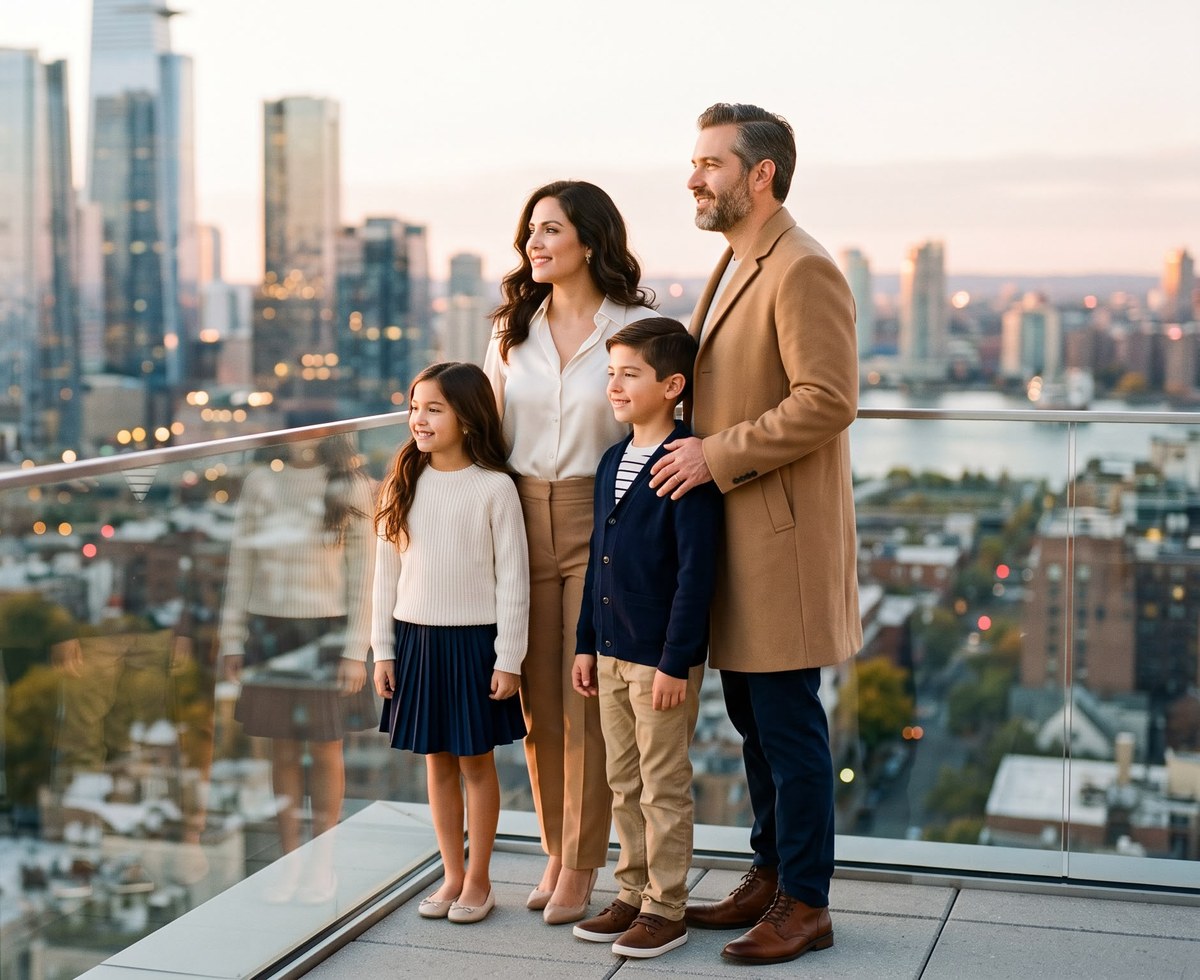 Familia observando el horizonte de Nueva York desde una terraza, en su nueva etapa en Estados Unidos