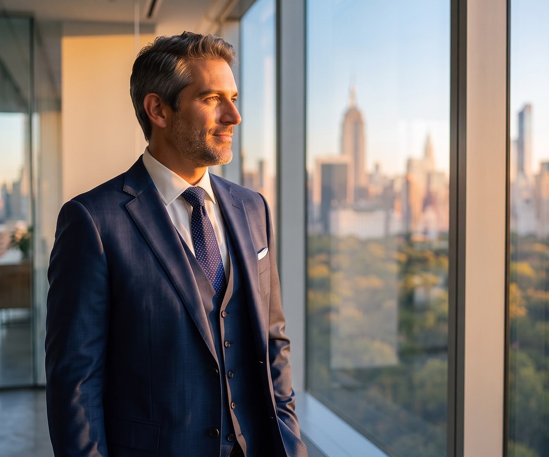 Empresario mirando hacia Central Park desde su oficina en Nueva York